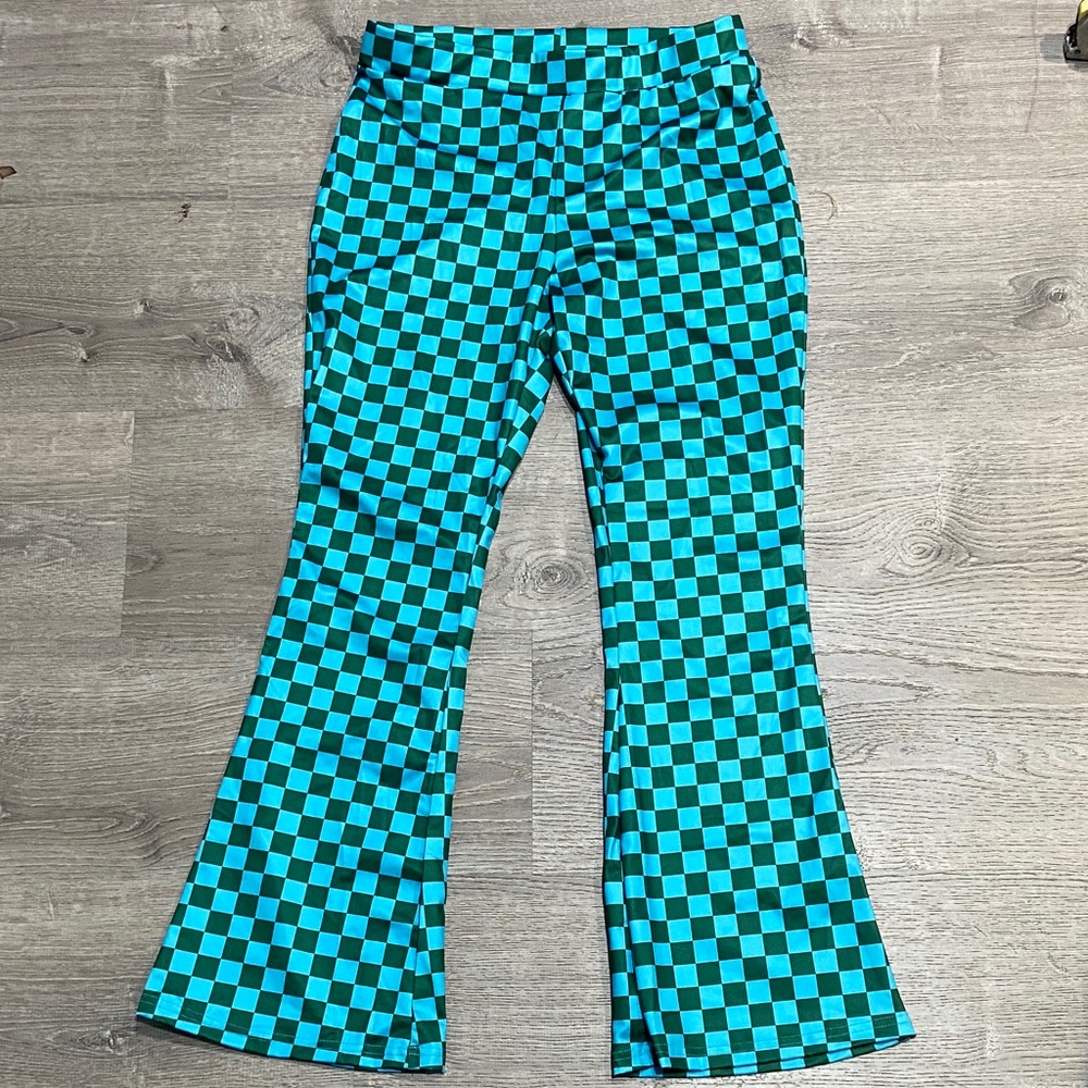 Women's Checkered Flare Pants - Turquoise